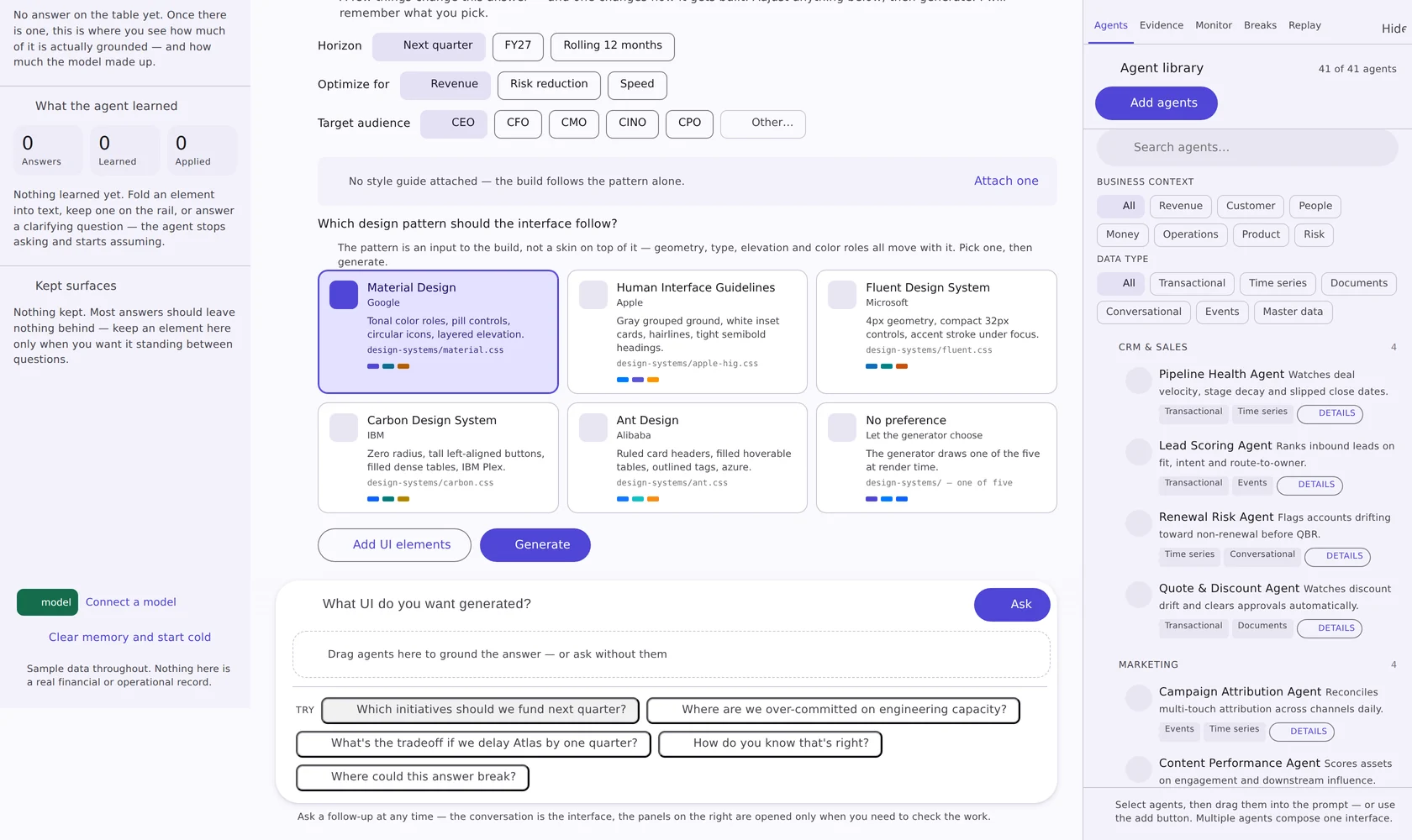 The inline clarifying step: horizon, optimize-for and audience chips above a six-card design pattern picker, with Add UI elements and Generate buttons.